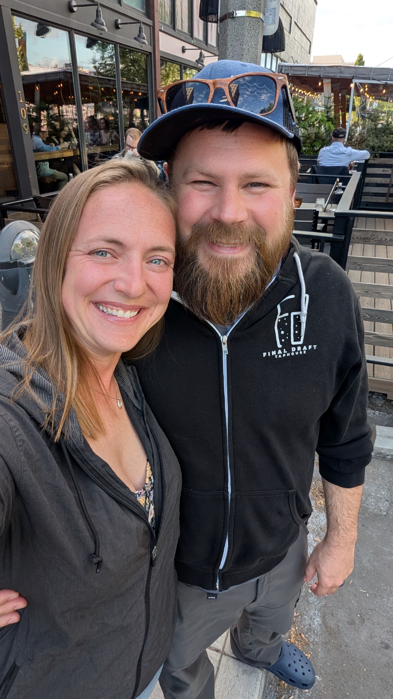 Rachel and Brian selfie outside a restaurant in Bellingham for Brian’s 39th birthday