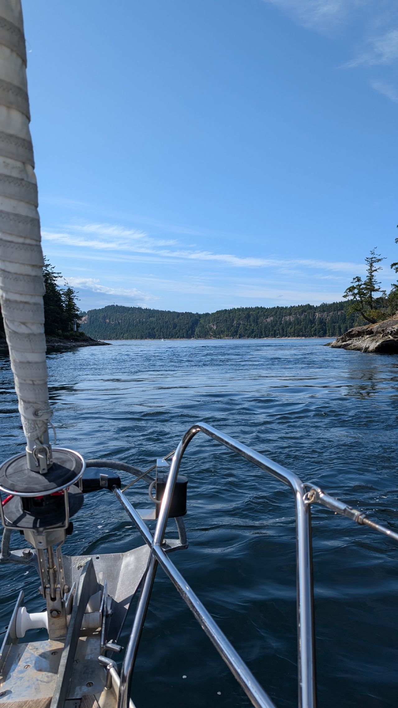 View from the bow of SV Yahara approaching Dodd Narrows near Nanaimo