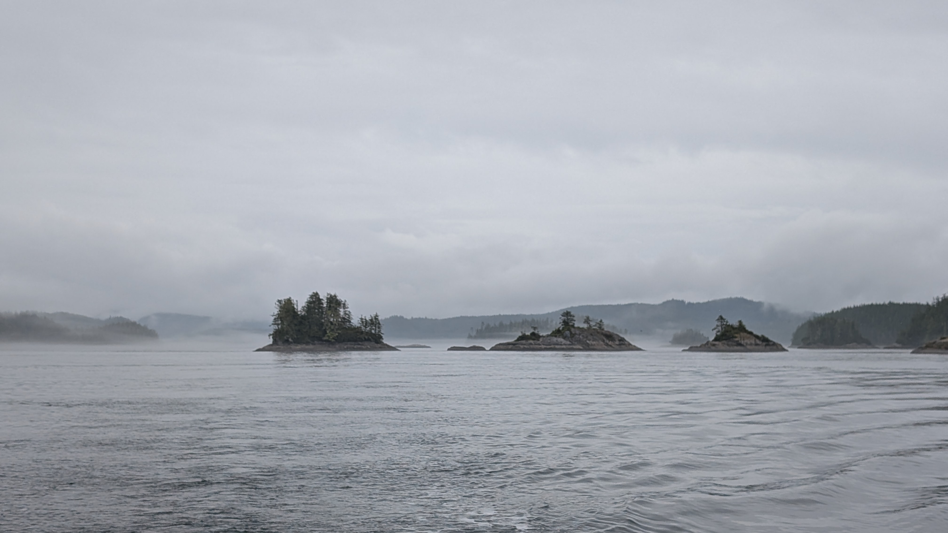 Small tree-covered islands emerging from fog during the passage through the Broughtons