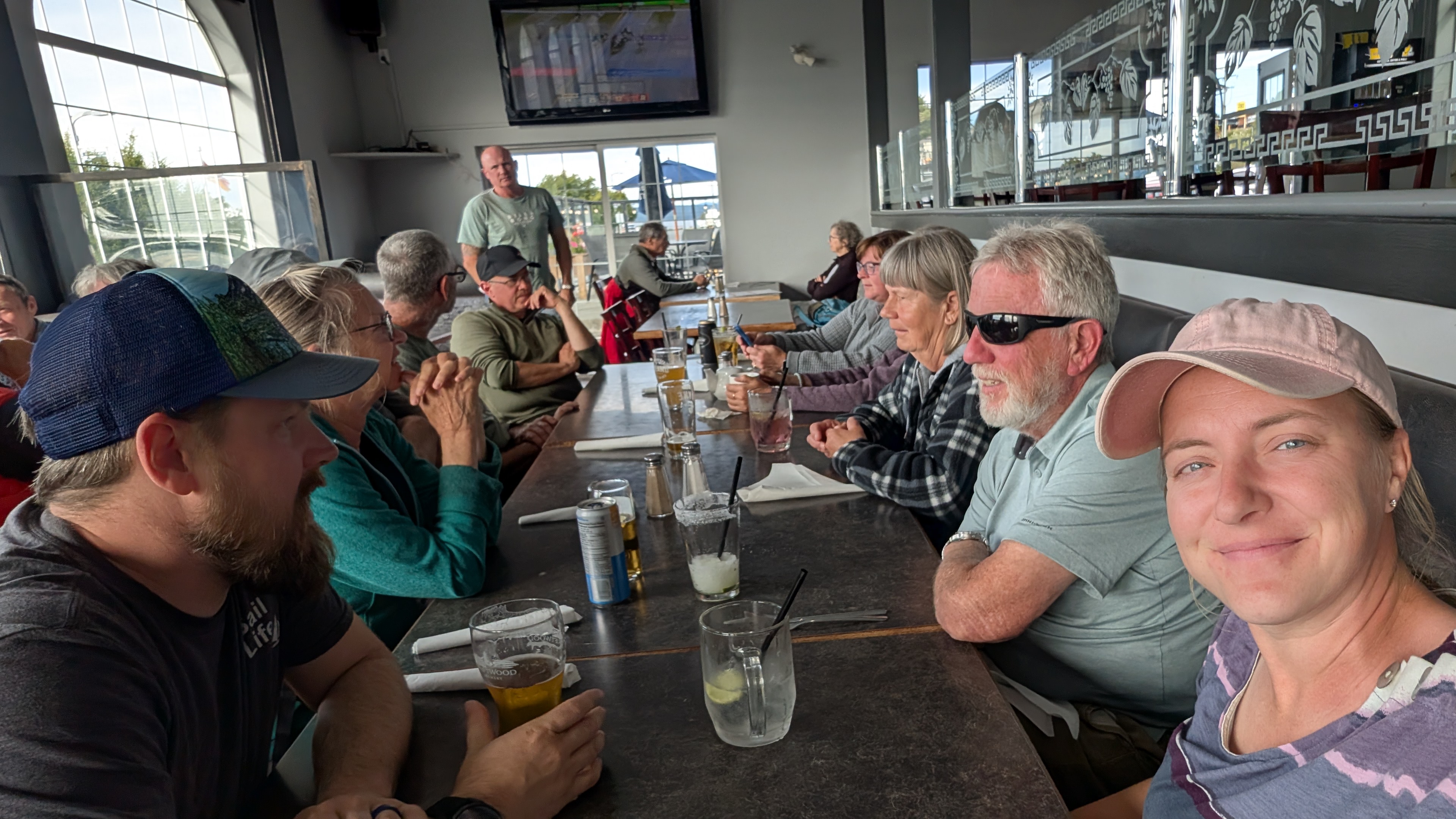 The flotilla crew sharing dinner and drinks at Gus&rsquo;s Pub in Port McNeill