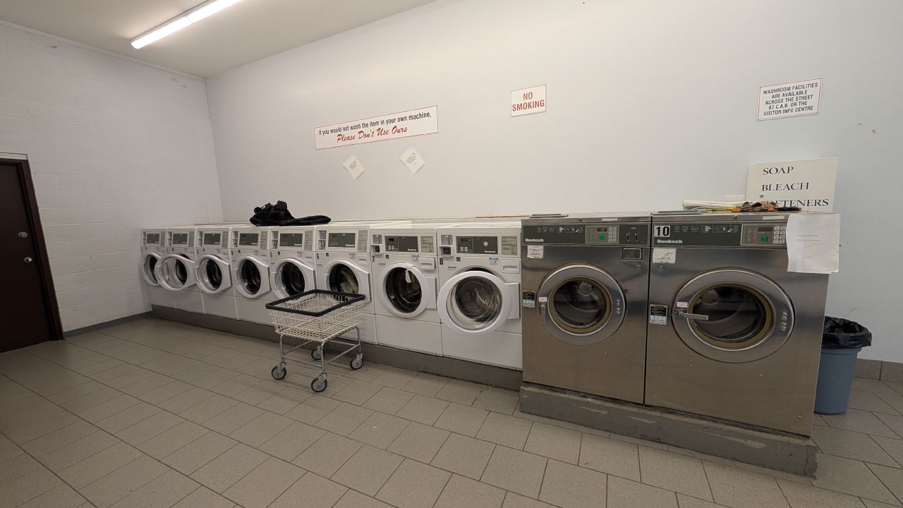 Row of washing machines at the laundromat in Port McNeill
