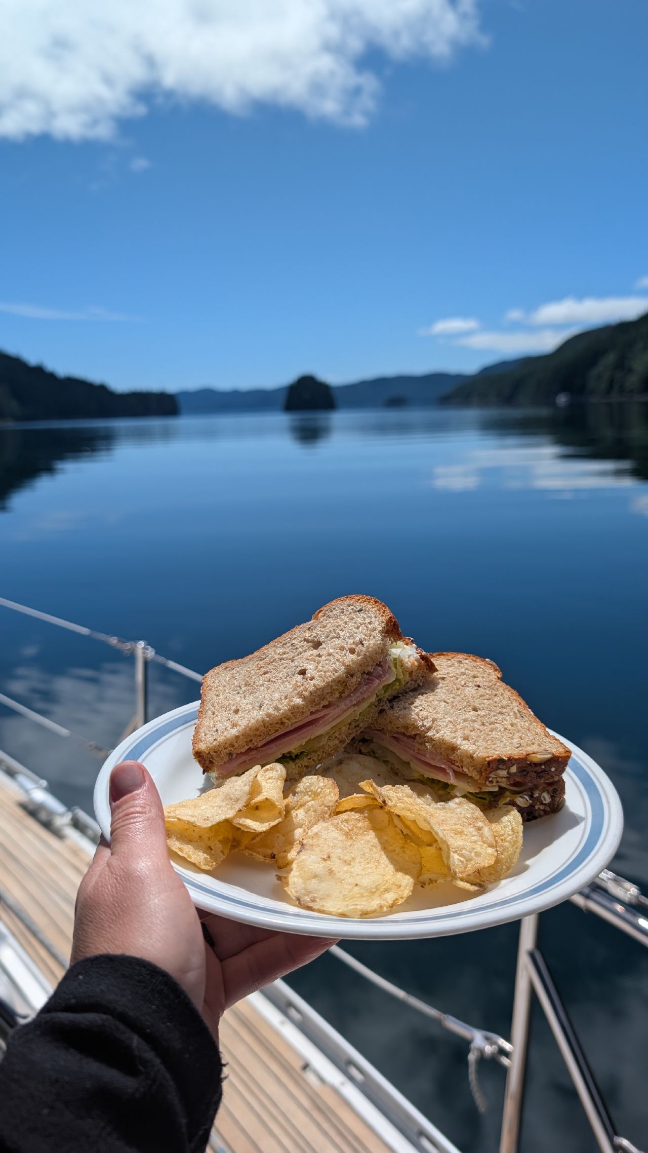 Sandwich and chips lunch with a stunning view of glassy blue water at Port Alexander anchorage