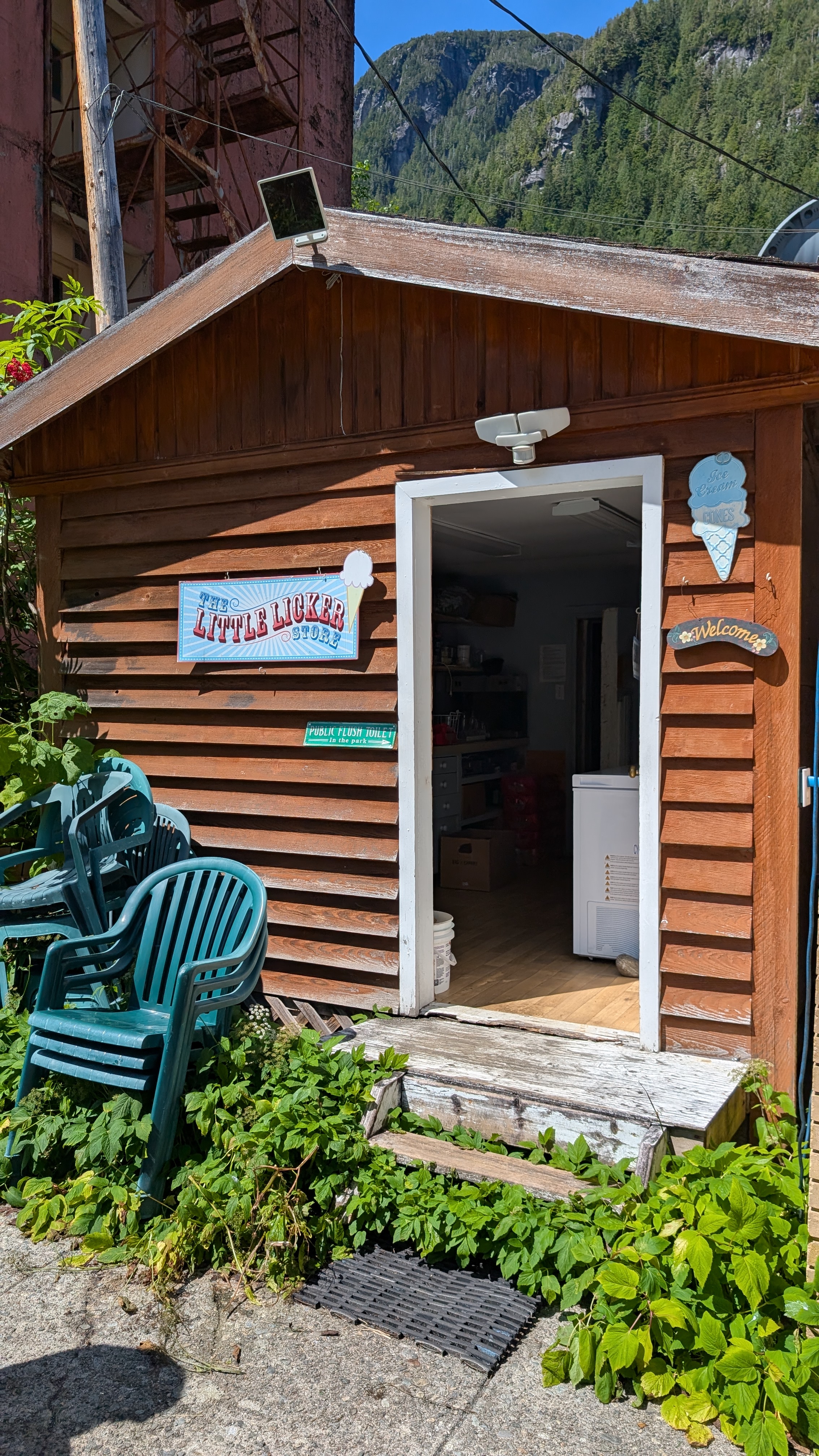 The Little Liquor Store, a small wooden building and one of the few businesses in Ocean Falls