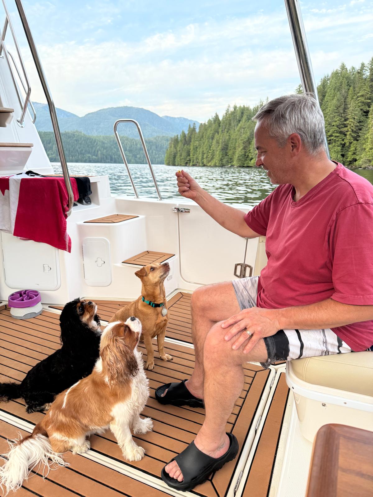 Paul feeding treats to Maui and two King Charles Cavaliers in the cockpit at Butedale