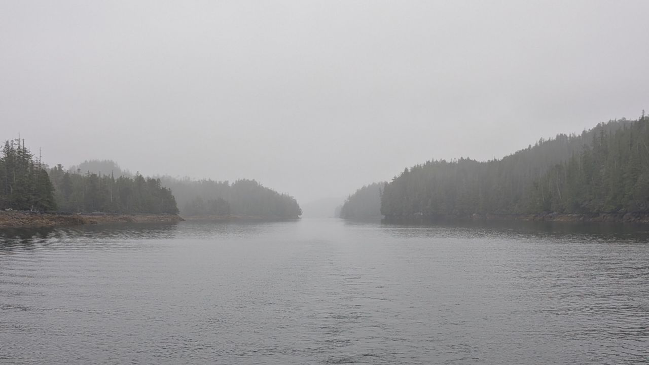Foggy narrow channel between forested islands entering Meyers Pass