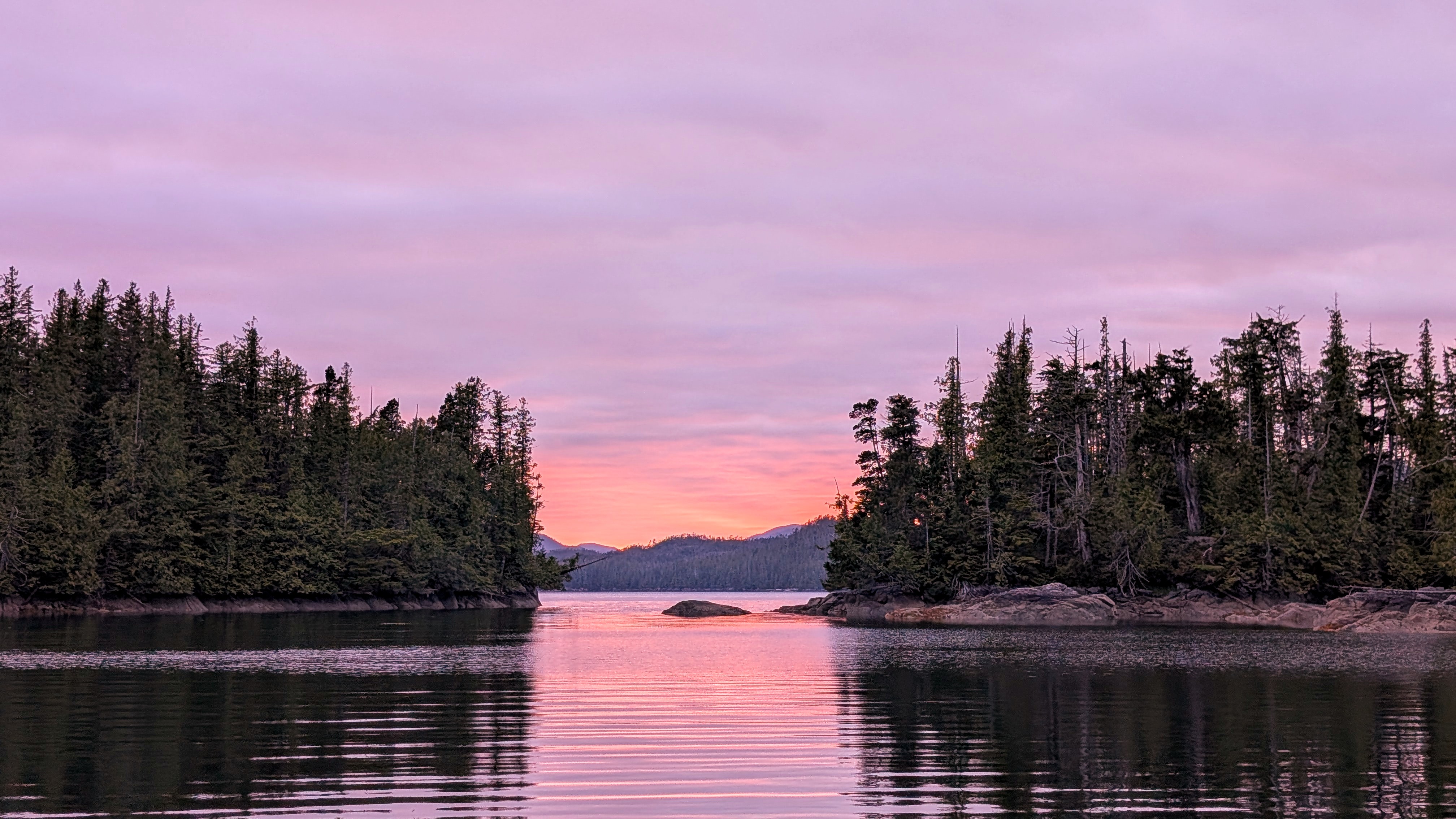 Stunning pink and purple sunset reflected in the calm water at Quiggly Creek Cove