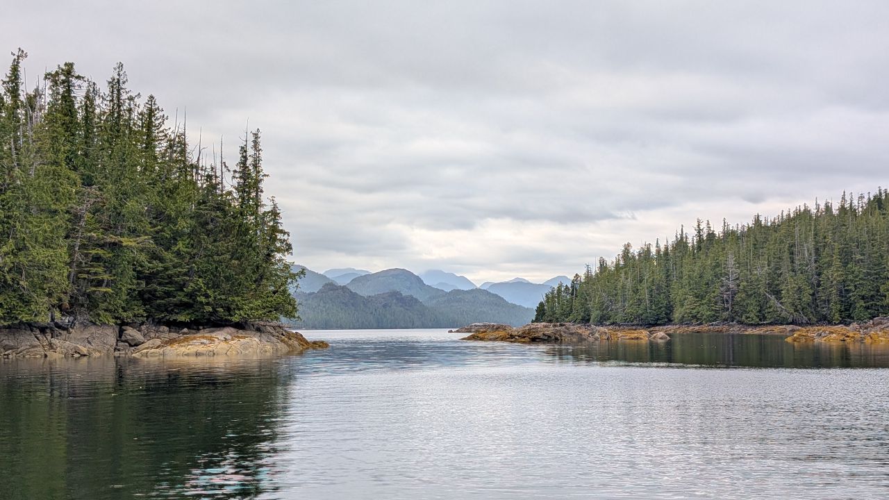 Rocky forested islands framing the entrance to Quiggly Creek Cove with mountains beyond