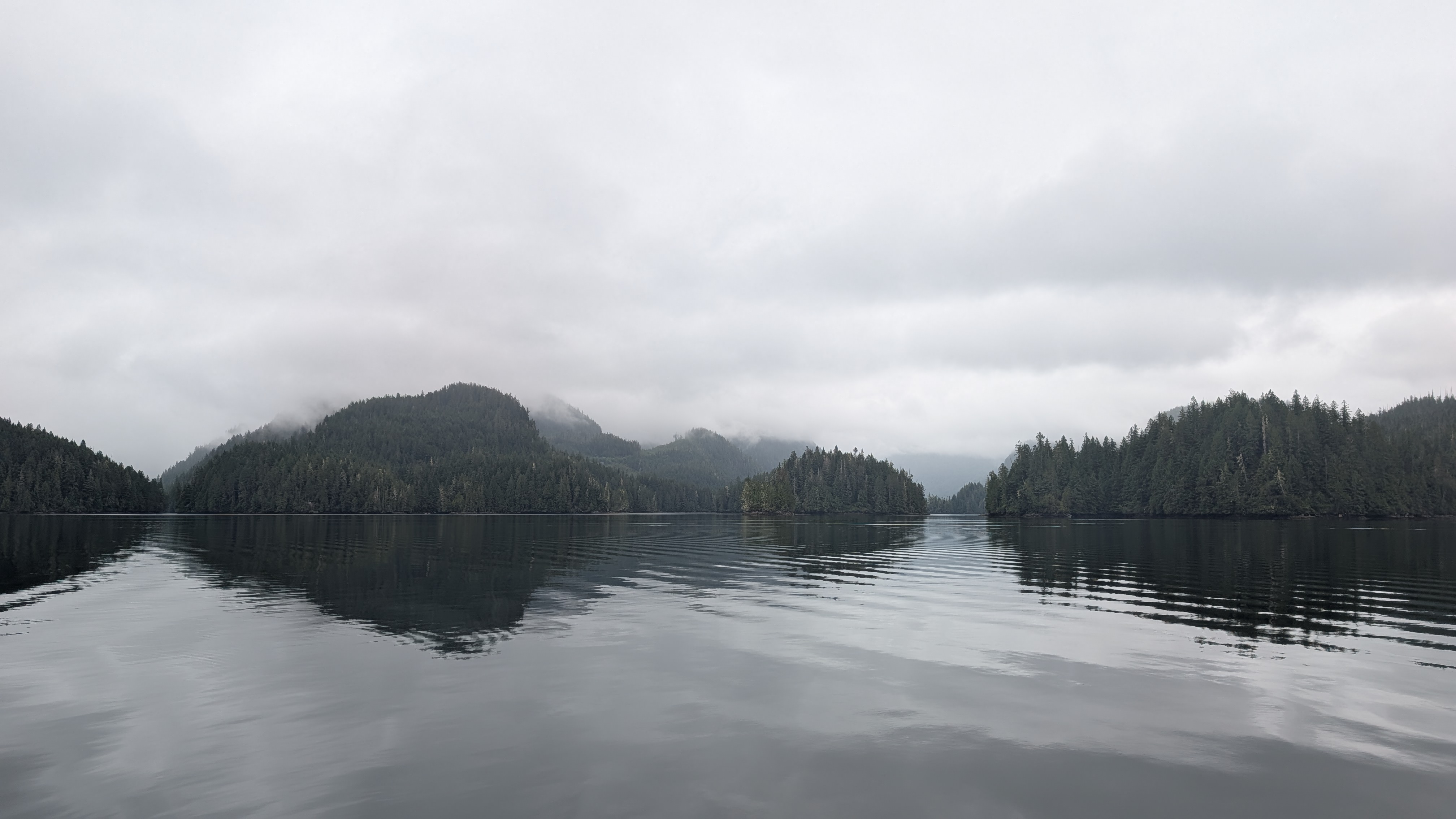 Misty forested islands reflected in perfectly glassy water on the passage to Berry Cove