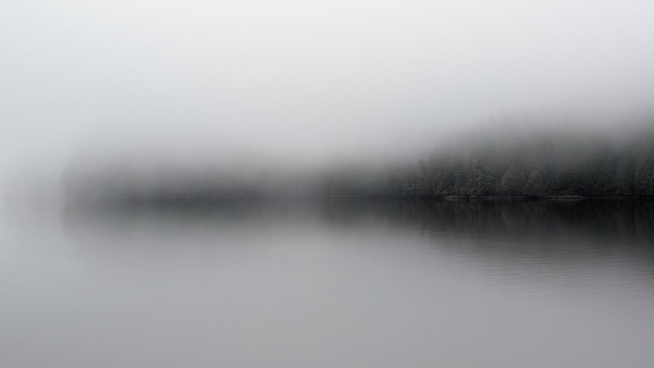 Dense fog blanketing the water with forested shoreline barely visible during the early morning departure