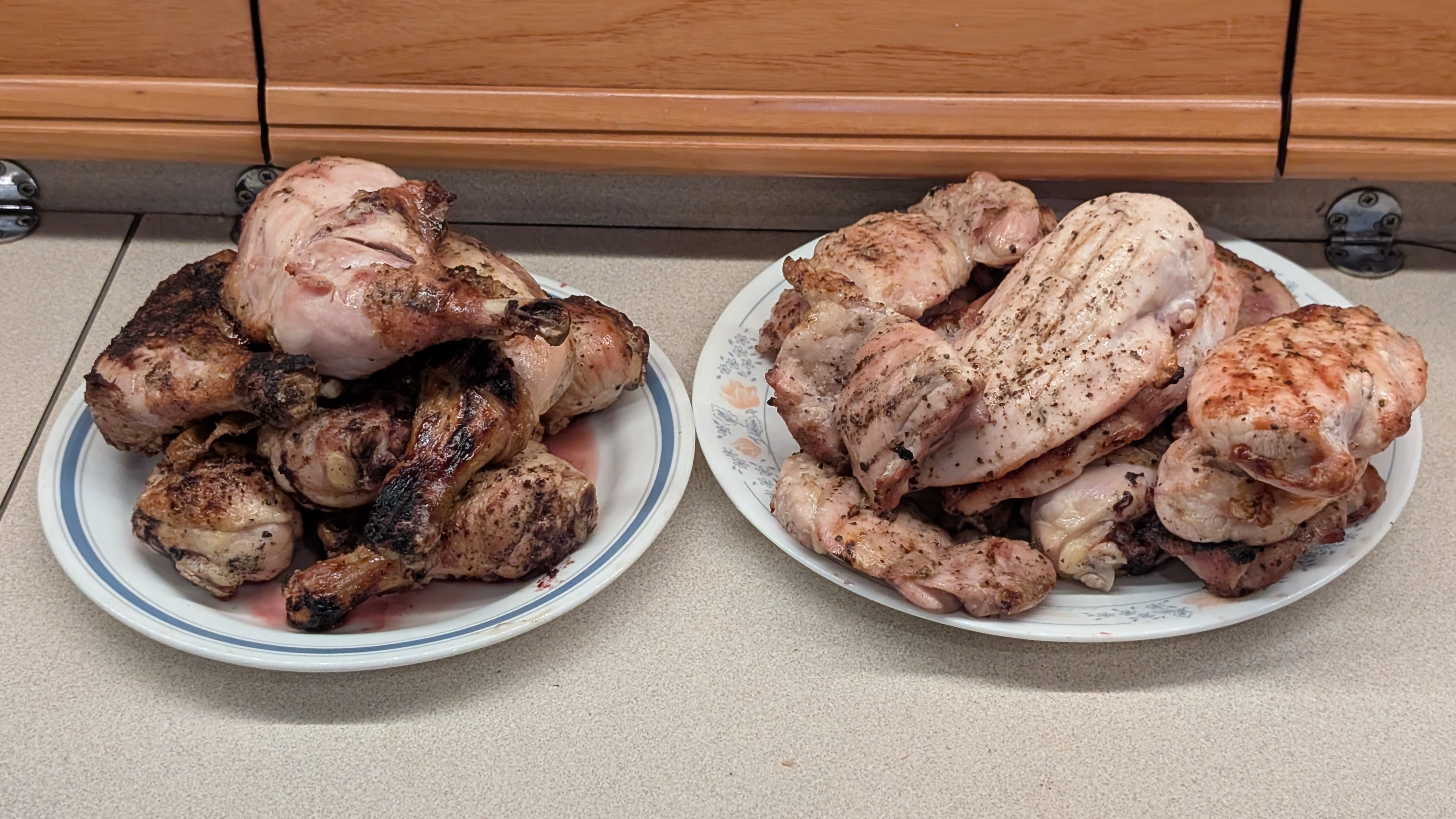 Two heaping plates of cooked chicken prepared the night before to avoid bringing raw meat across the border